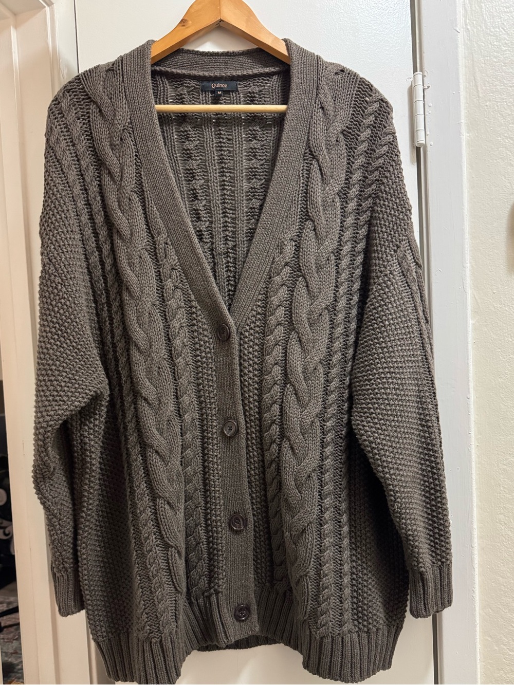 Quince Oversized Cable-Knit Button-Front Cardigan - Brown 100% Organic Cotton - Picture 4 of 7